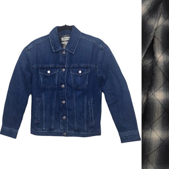 Madewell Boxy Crop Jean Jacket With Plaid Quilted Liner - Picture 1 of 11